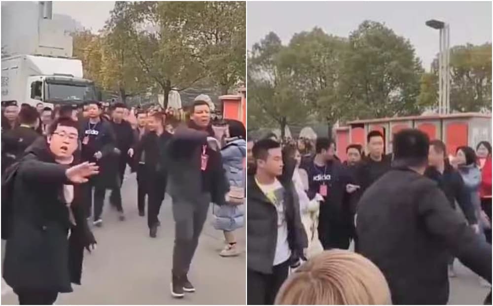 劉濤被拍到帶將近30個保鑣上街，影片在網路上被瘋傳。（翻攝自微博）