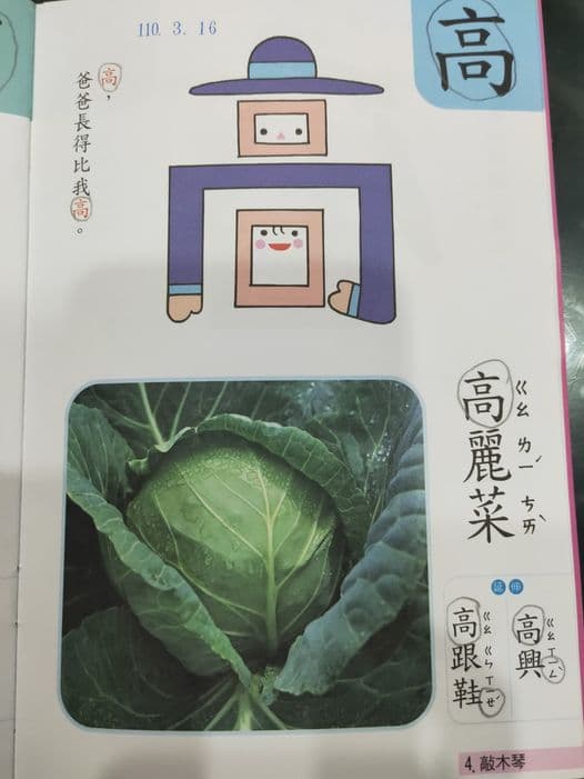 網友發文指孩子課本中的高「麗」菜注音為二聲「ㄌ一ˊ」。（翻攝自爆廢1公社）