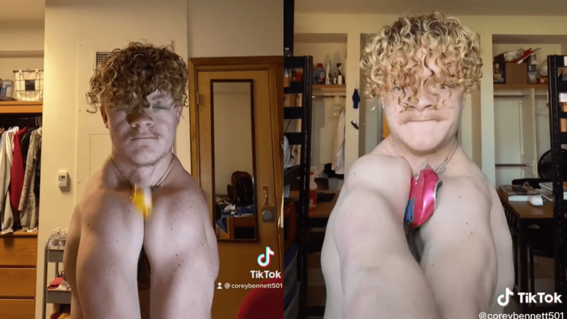 貝內特挑戰用肩膀夾破雞蛋、鋁罐等。（翻攝自coreybennett501抖音）