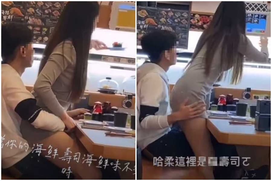 一名男子在壽司店不顧他人眼光，跟女友摸來摸去。（翻攝自「爆廢1公社」）