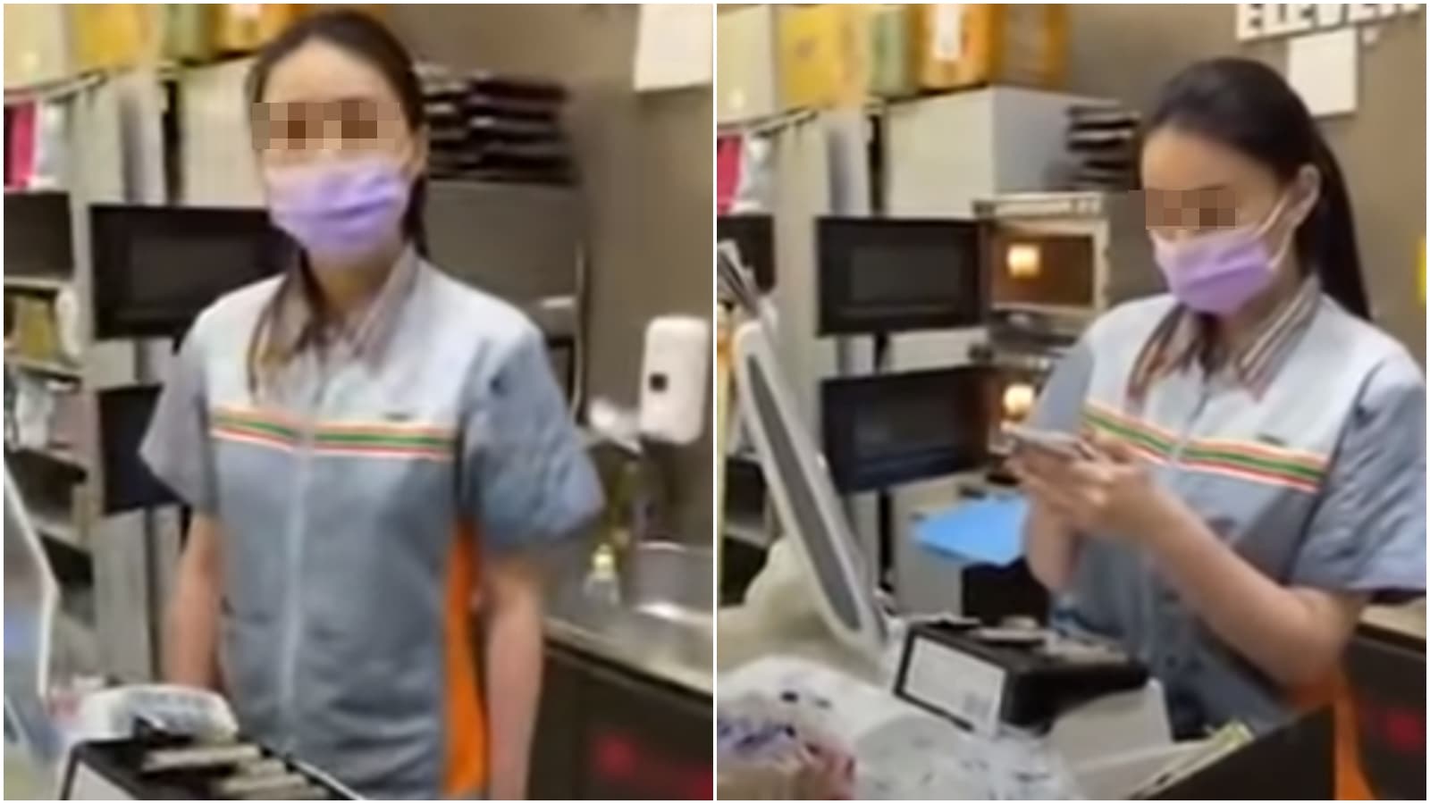 女店員遭扯名牌後，拿起手機詢問相關法律途徑。（翻攝自YouTube頻道）