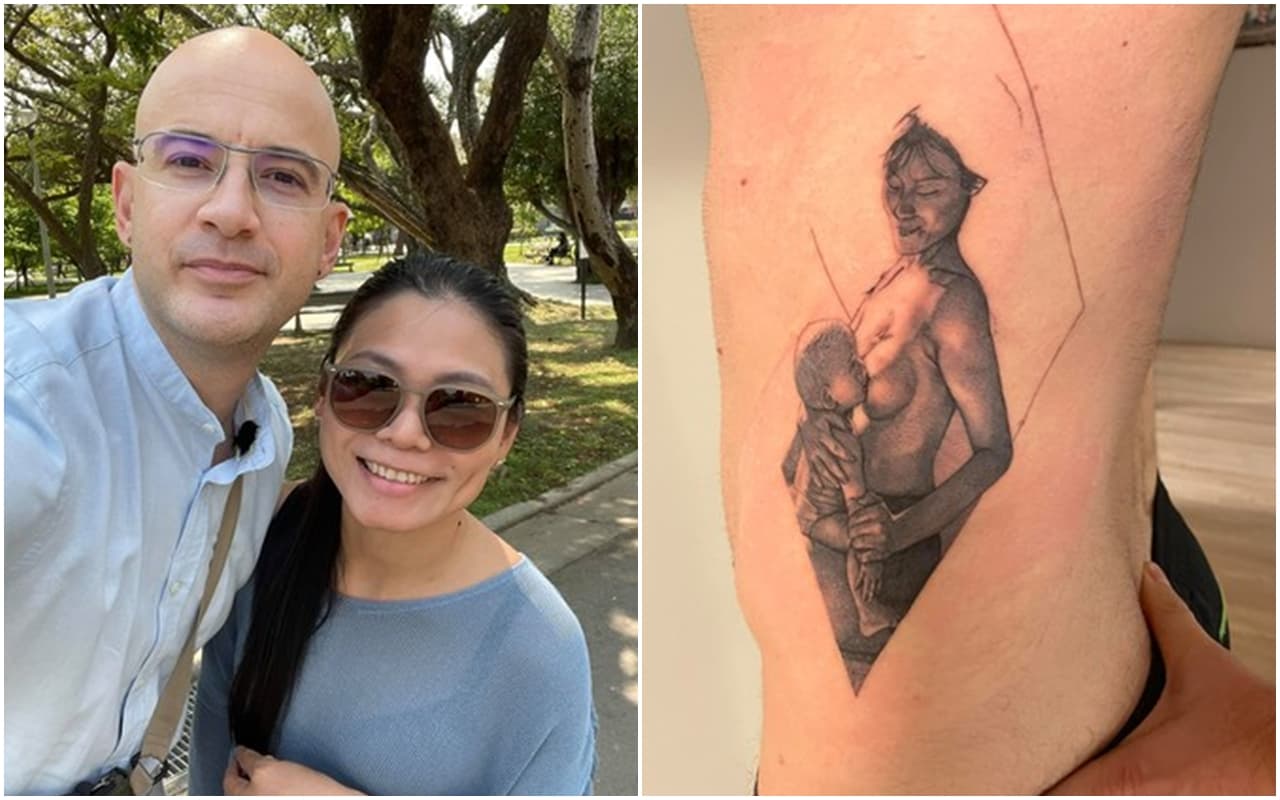 吳鳳將老婆哺乳的模樣刺在身上痛到發抖。（翻攝自吳鳳臉書）