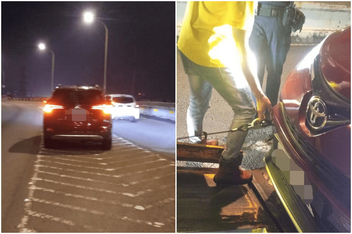 女駕駛緊急聯絡道路救援，對方冷靜安撫，立即判斷只能拖吊。（翻攝自臉書社團「爆廢1公社」）