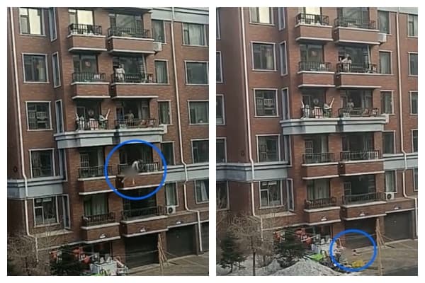 全裸男子試圖從4樓陽台往3樓攀爬時，卻不慎失足，直接往1樓掉下去。（翻攝自微博）
