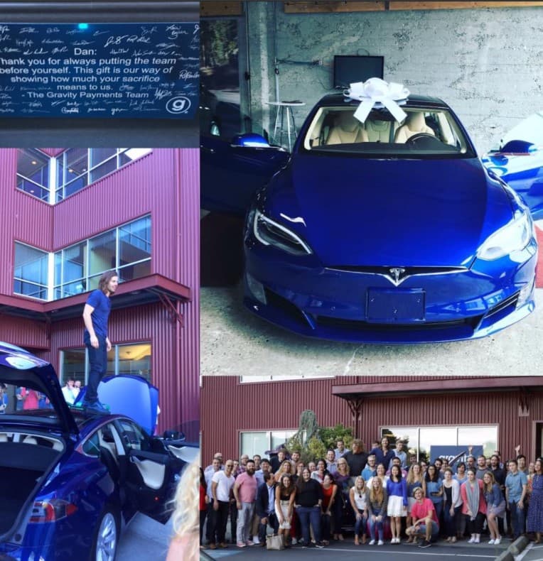 公司員工存錢6個月，合買特斯拉（Tesla）汽車送給普萊斯。（翻攝自Dan Price臉書）