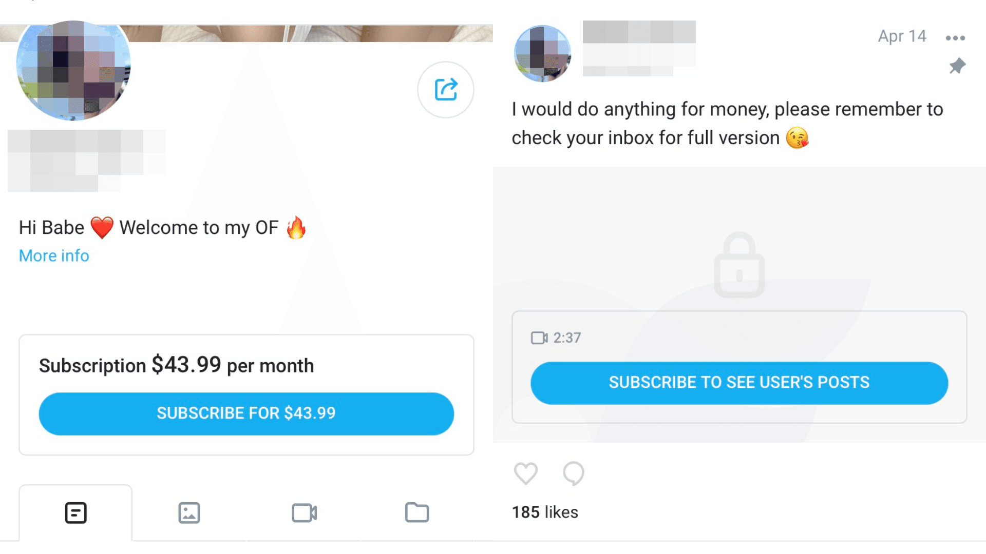 OnlyFans需支付訂閱費才能解鎖照片、影片等內容。（翻攝自OnlyFans）
