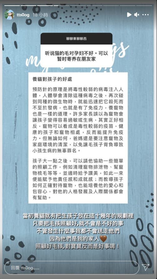 有粉絲勸陳天仁可以將貓咪寄養在朋友家，陳天仁公開回應了。（翻攝自tts0og IG）