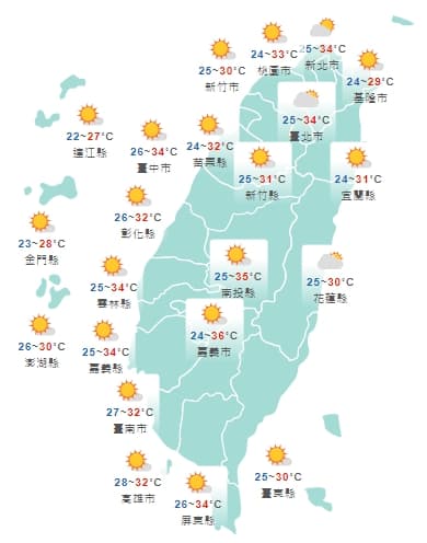 全台今日白天天氣一覽。（翻攝自中央氣象局官網）