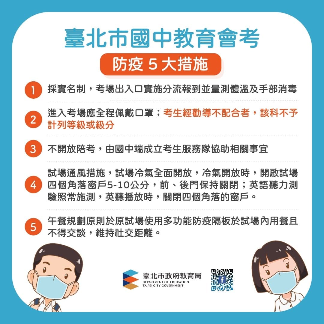5大防疫措施包括採取實名制、全程佩戴口罩、不開放陪考、試場通風且冷氣全開等。（台北市教育局提供）