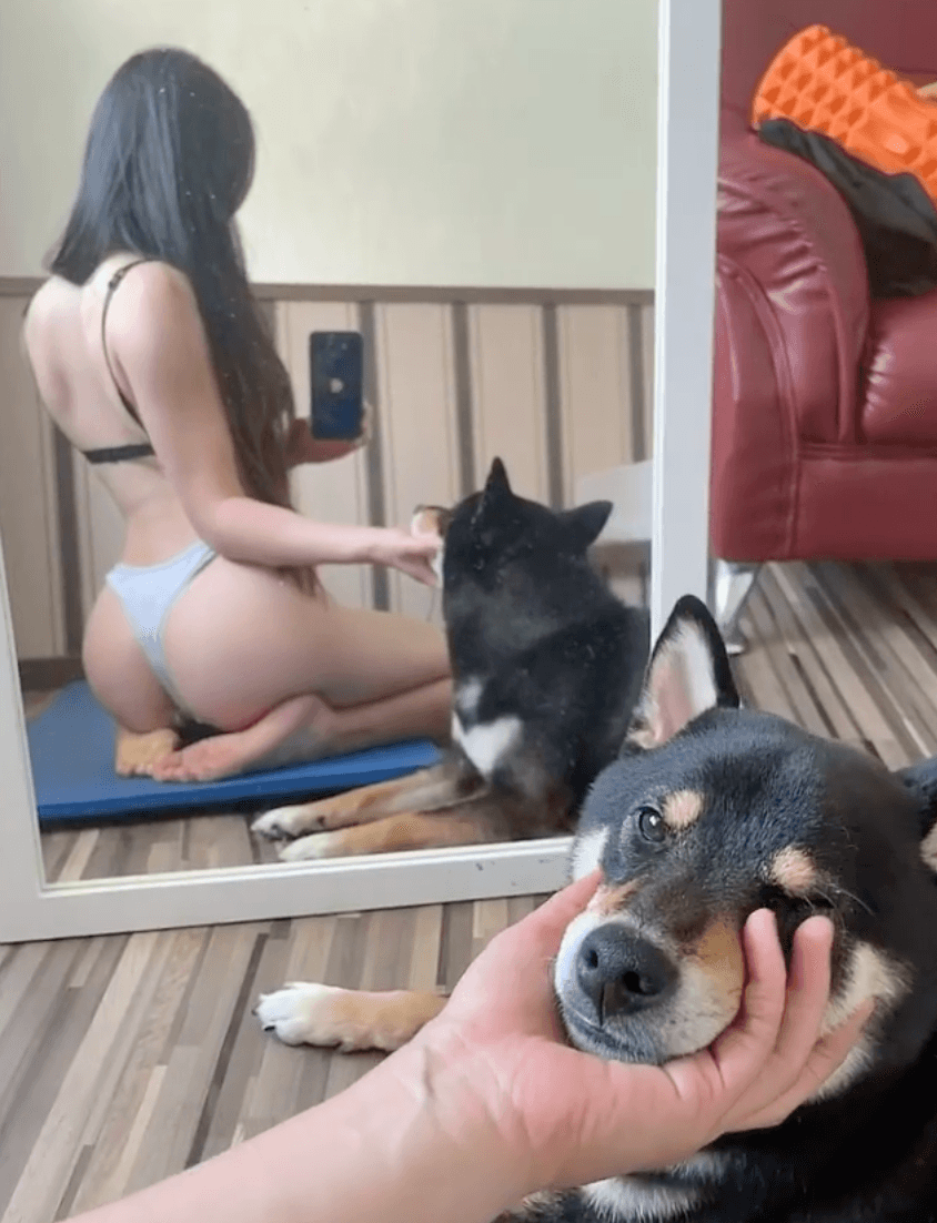 機機貼出自己居家防疫的性感模樣，還一邊逗弄寵物犬「黑糖」。（翻攝自機機IG）