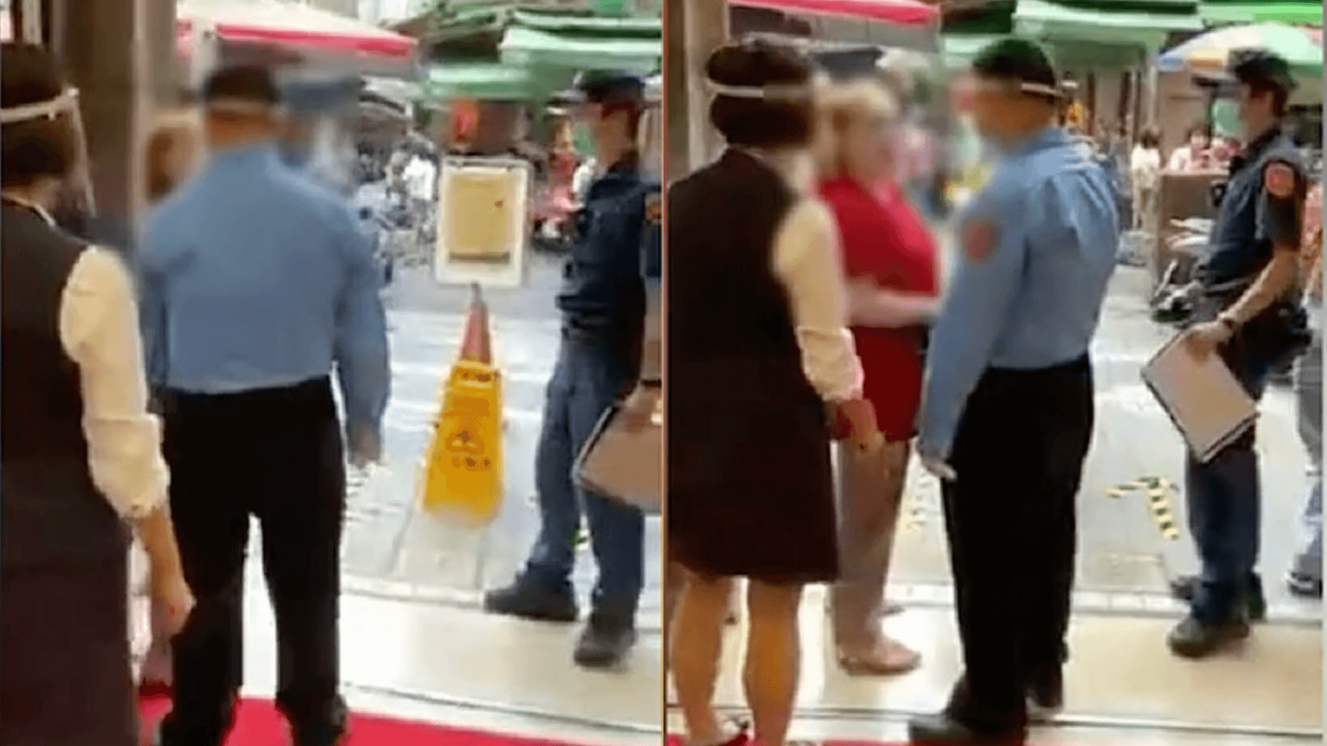 婦女堅持不戴口罩，保全上前將她趕出去。（翻攝自臉書汐止集團）