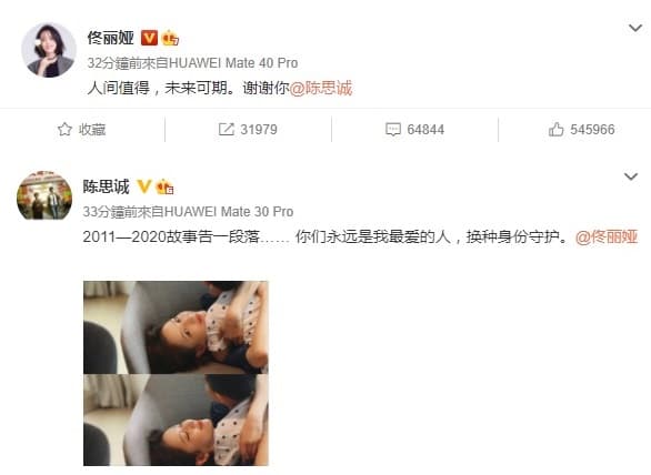 佟麗婭與陳思誠今（20日）在微博上發文，暗示2人夫妻關係告一段落。（翻攝自佟麗婭、陳思誠微博）