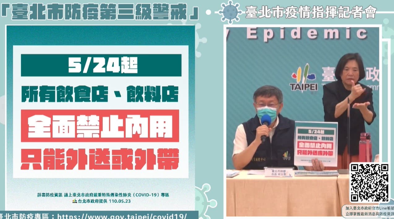 柯文哲下令20家醫院設快篩站，並宣布北市明起餐飲業全面禁內。（翻攝自柯文哲臉書）