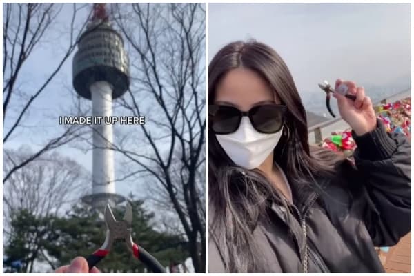 凱西在密密麻麻的鎖牆上，成功找到當初的愛情鎖。（翻攝自Kassie Yeung TikTok）