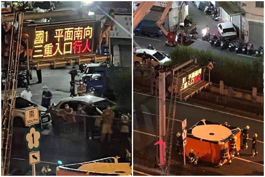 一名穿黑色激短熱褲妹，綁著馬尾、穿著杏色上衣，爬上號誌燈柱引發關注。（翻攝自臉書爆料公社）