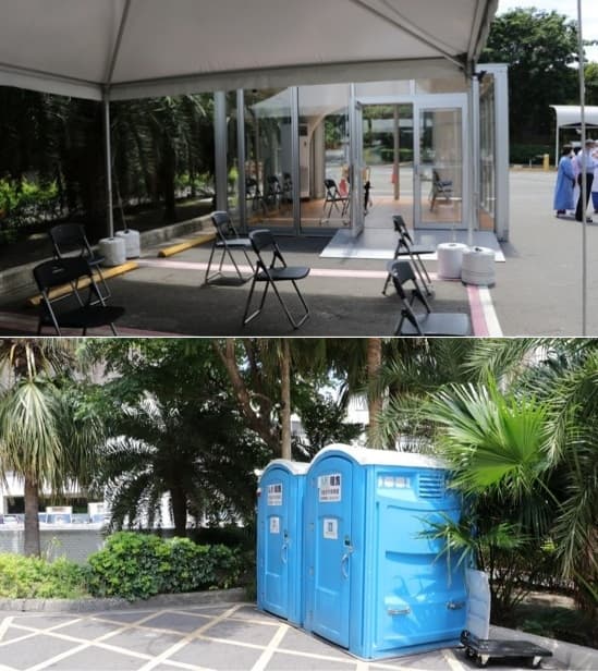 台北榮總戶外篩檢組合屋配置有空調，也設有流動廁所與等待區，讓採檢民眾保持社交距離。（微風集團提供）