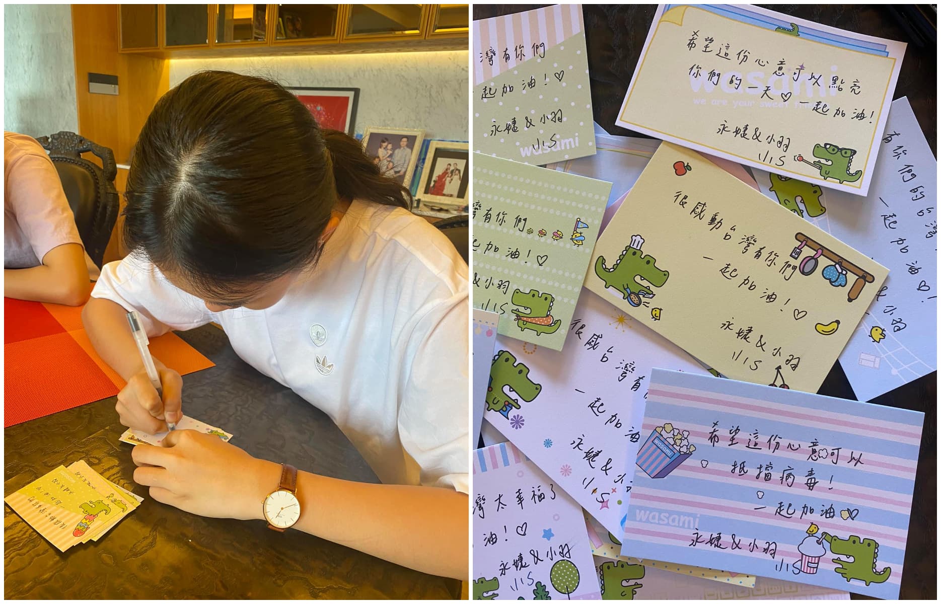 女兒幫忙寫卡片，為醫護人員打氣。（翻攝賈永婕臉書）