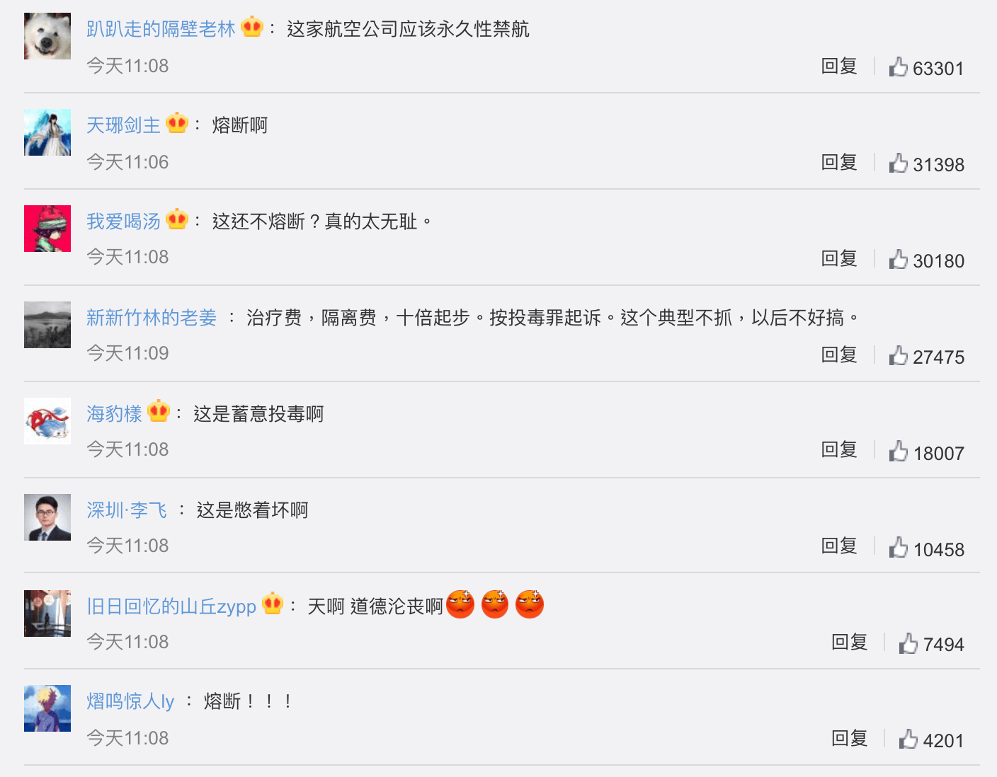 中國網友聽聞此事怒批蓄意投毒，認為航空公司應永久禁航。（翻攝微博）