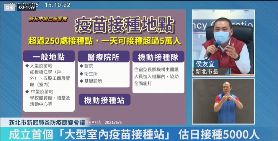 新北市政府今天說明疫苗接種相關政策。（翻攝自我的新北市臉書直播）