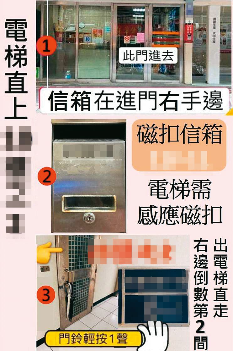 應召業者將電梯感應磁扣放在信箱，製圖引導尋芳客進入小姐房間。（讀者提供）