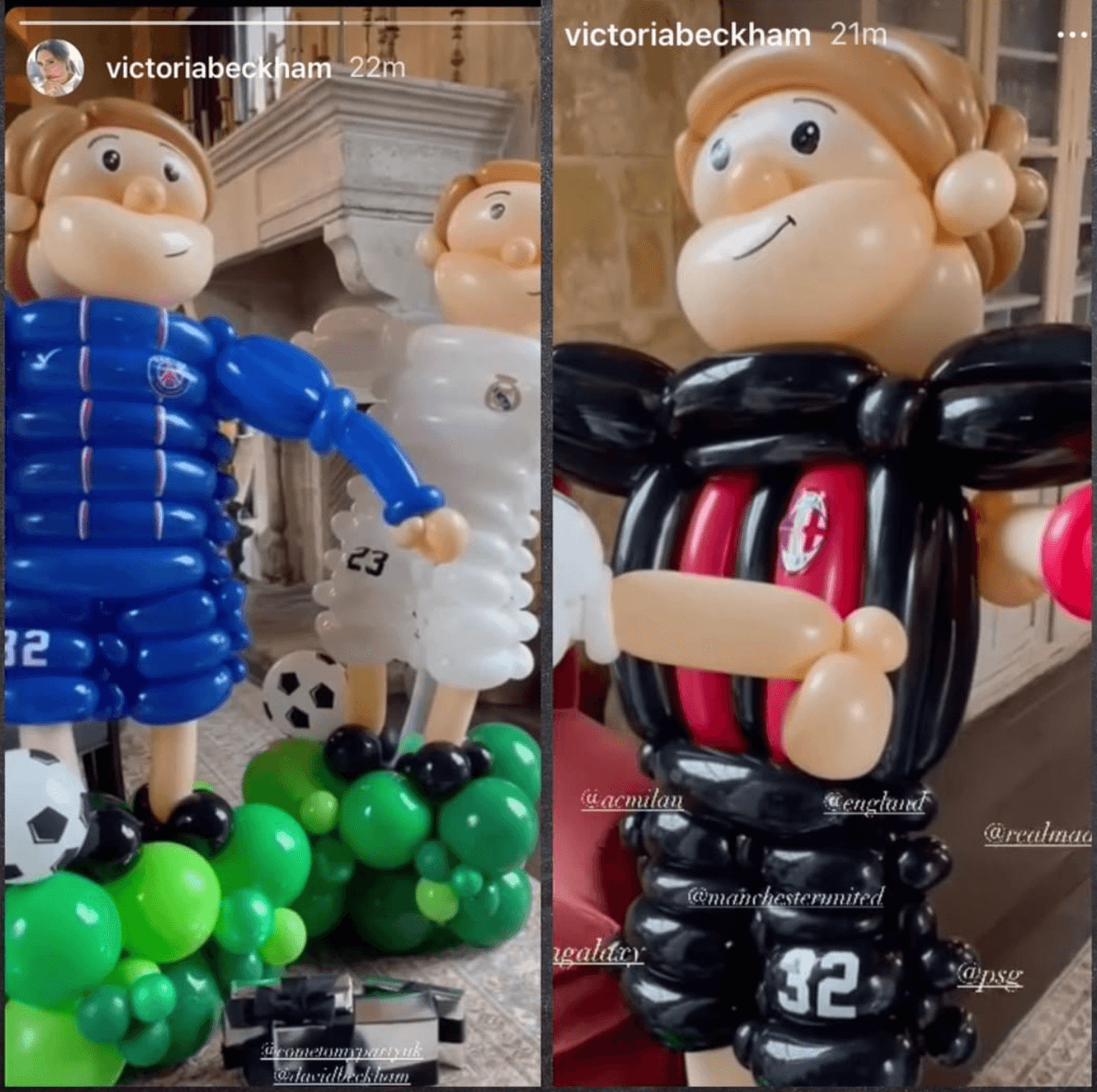 貝嫂特地請人製作貝克漢造型汽球，象徵他效力過的球隊。（翻攝victoriabeckham IG）