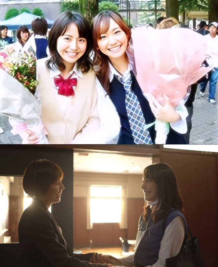 長澤雅美（左）和新垣結衣相隔16年在《東大特訓班2》同框，讓許多觀眾都感動不已。（翻攝自TBS畫面）