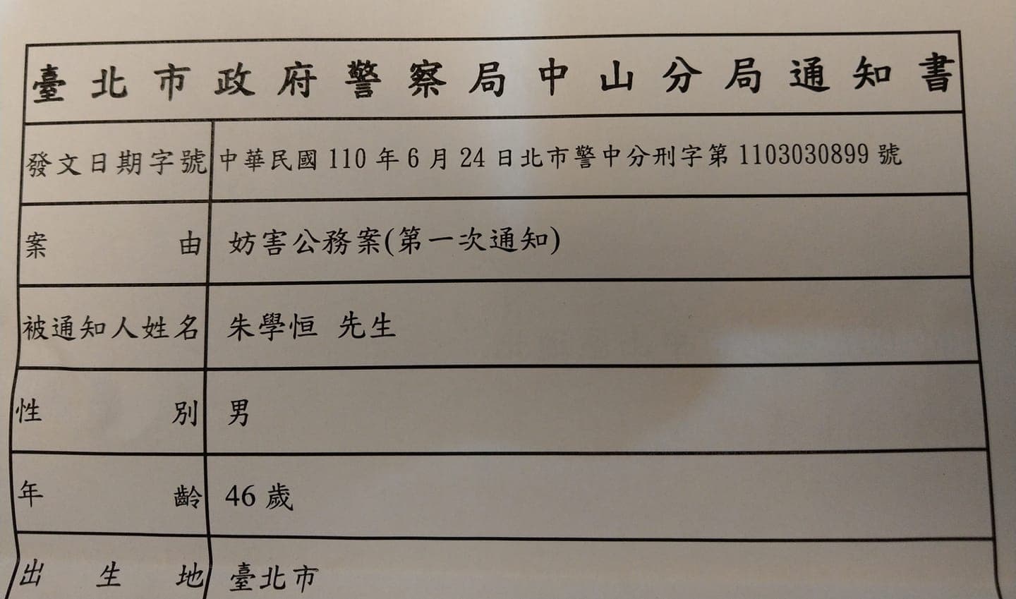 朱學恒挨告妨害公務遭到傳喚。（翻攝自朱學恒的阿宅萬事通事務所臉書）