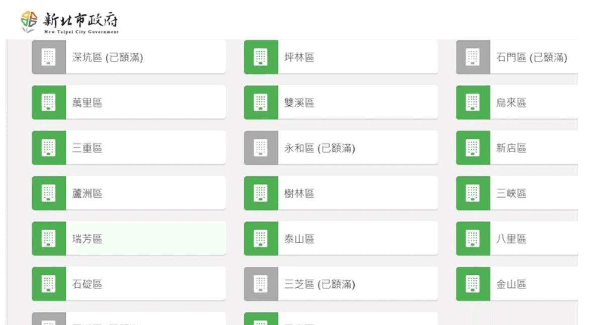 新北市疫苗預約系統半小時內就造成網路塞車，多個區域顯示已額滿。（翻攝新北市政府網站）