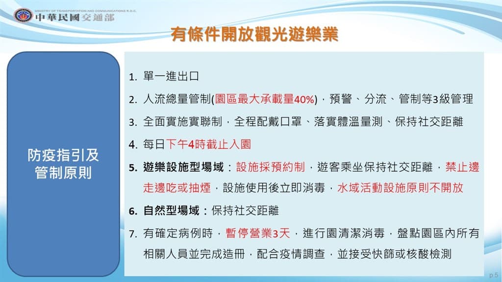 觀光遊樂業將有條件開放。（指揮中心提供）