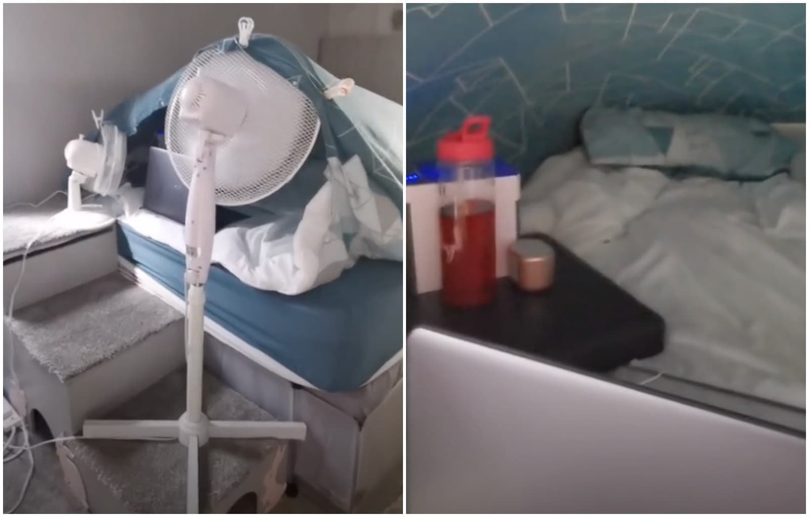 有網友將電扇數量增加成2個，並在「風洞」裡擺放筆電和飲料，相當享受。（翻攝自skyecotter TikTok）