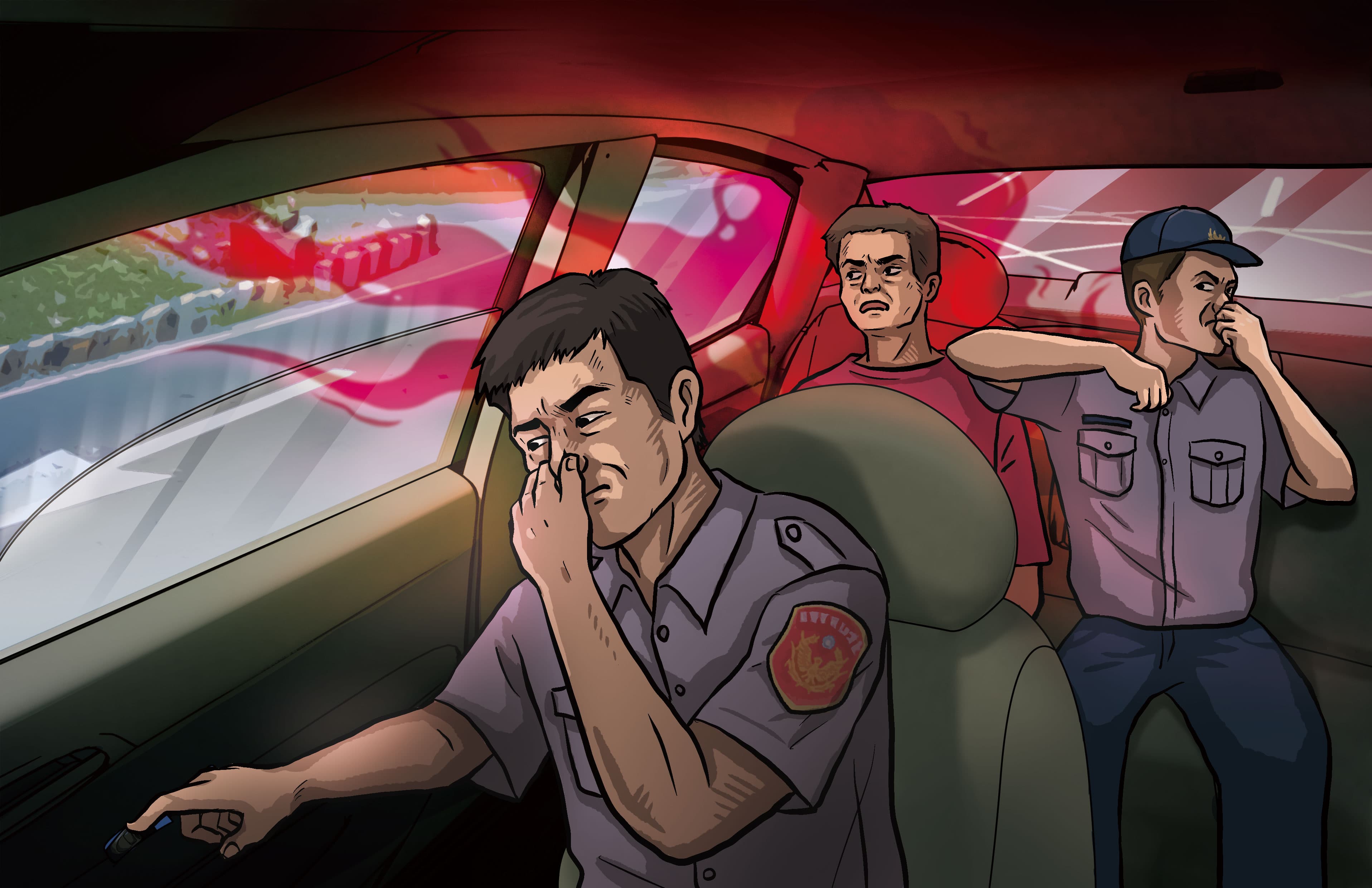 案發後，濃濃的血腥味一直跟著主謀康文瑞，連警方押解時都還聞得到。