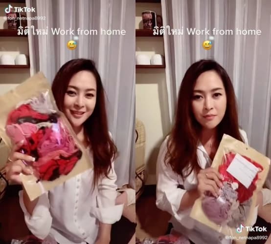 鳳在直播中強調內褲都是「自產自銷」，絕對不是別人的。（翻攝自fon_netnapa8992 TikTok）