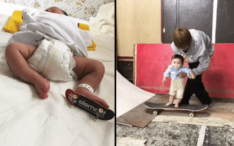 剛出生包著尿布的石塚吏太就已腳踏小滑板，從小就跟著兩位職業滑板手的哥哥接觸滑板運動。（翻攝IG＠r.i1116）