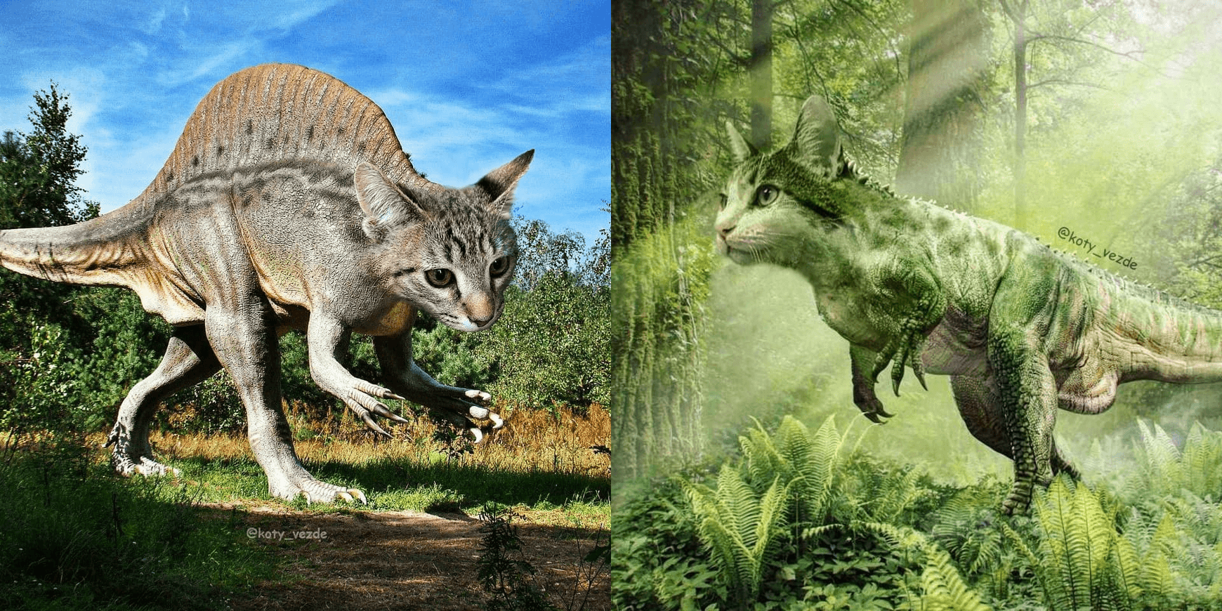 貓與恐龍合成後，網友也開玩笑地說，這應該是真實存在的史前生物。（翻攝IG@koty_vezde）