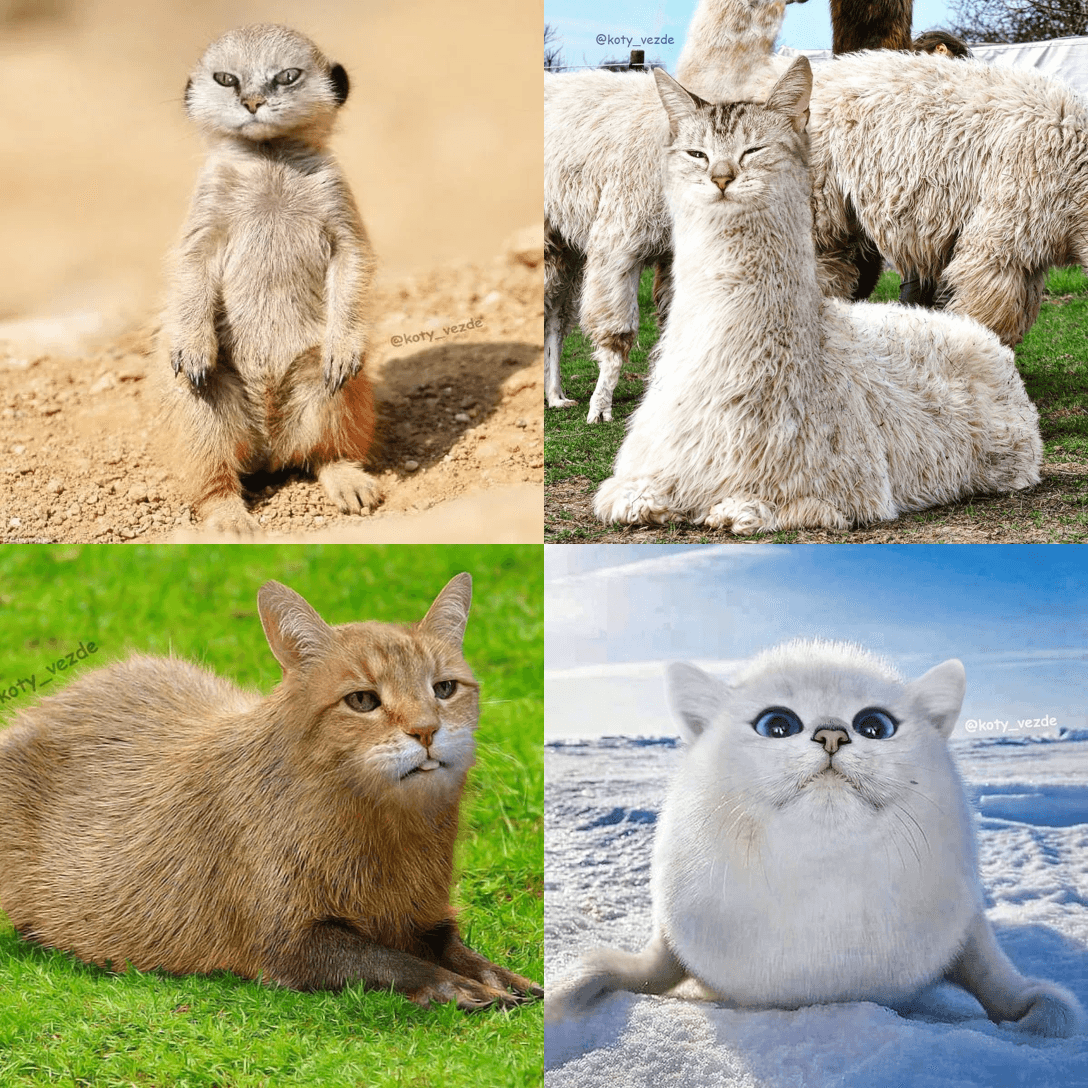 網路四大療癒萌獸狐獴、羊駝、水豚以及海豹都被合成上貓臉。（翻攝IG@koty_vezde）