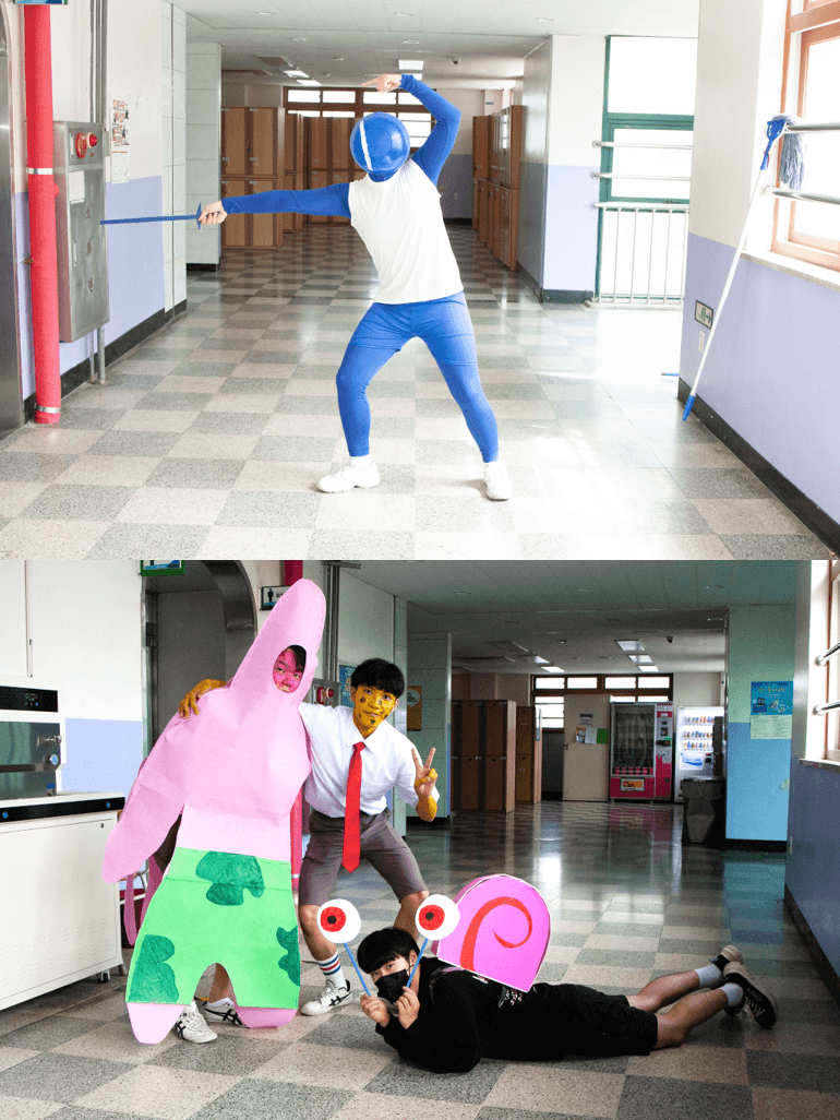 議政府高中的cosplay以低成本風格為主，可以看出奧運小藍人的臉部以及海綿寶寶、派大星與小蝸的道具都頗為克難，但畢業生們都致力發揮搞笑的精神。（翻攝自「議政府高中（의정부고등학교 학생자치회）FB」）