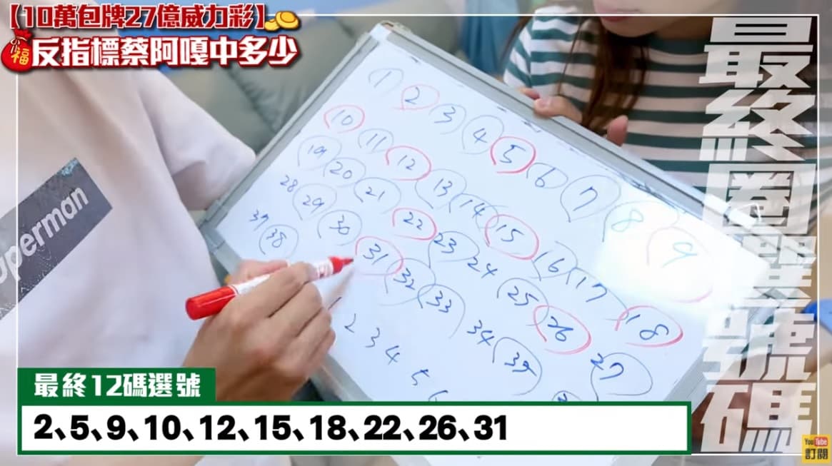蔡阿嘎和二伯各自選出自己想要的數字，之後再從剩下的數字挑選12個號碼跟1個特別號，認為這樣可以「負負得正」。（翻攝自YouTube頻道：蔡阿嘎Life）