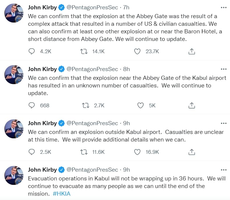 美國國防部發言人柯比陸續在推特更新最新資訊。（翻攝自John Kirby推特）
