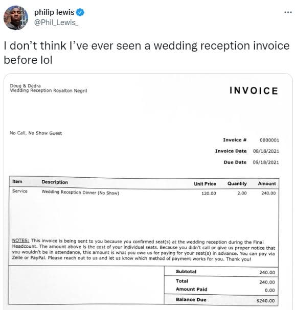 婚宴座位費的發票收據。（翻攝推特）