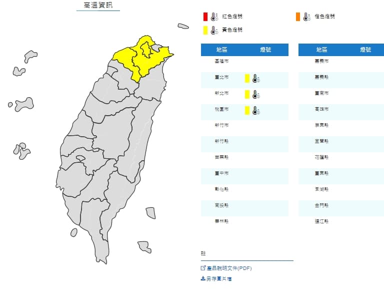 中央氣象局中午前後，對3縣市包含台北市、新北市與桃園市，發布高溫警訊。（翻攝自氣象局）