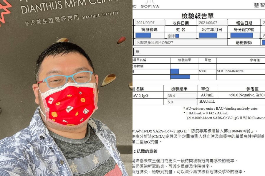 網紅四叉貓今日在臉書公布自己打高端疫苗15天後體內的抗體檢驗報告，結果為「有產生抗體但數值偏低」。（翻攝自劉宇臉書）