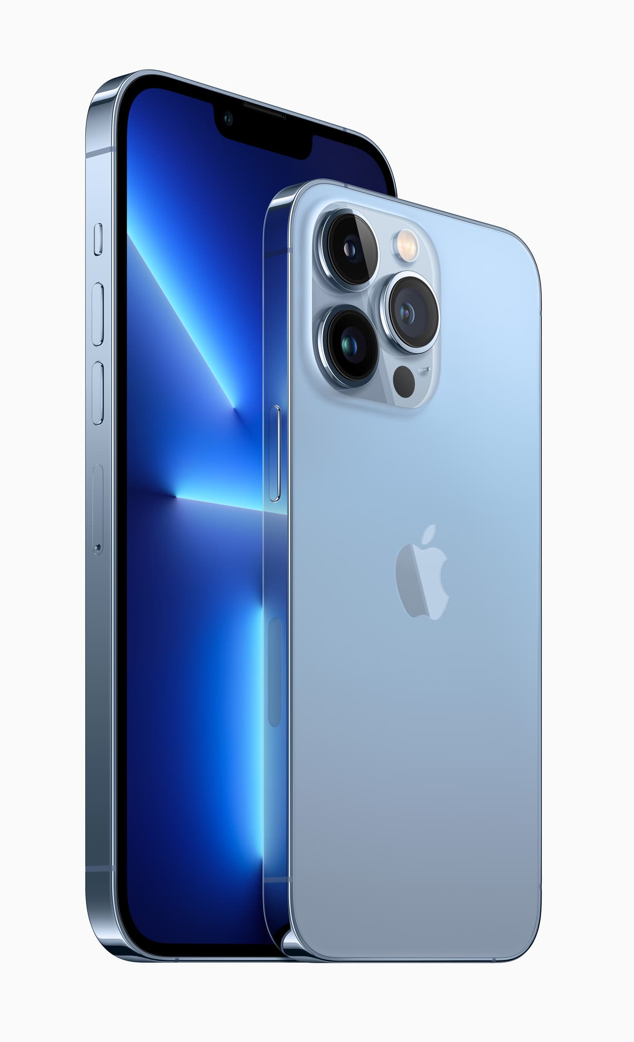 iPhone 13 Pro系列的新色為天峰藍色、iPhone 13和13 mini新色則為粉紅色。(蘋果提供)