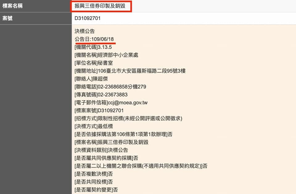 針對洪孟楷只去年印製三倍券有公開招標，網友則打臉稱該圖底下寫明為「限制性招標（未經公開評選或公開徵求）」。（翻攝自洪孟楷臉書）