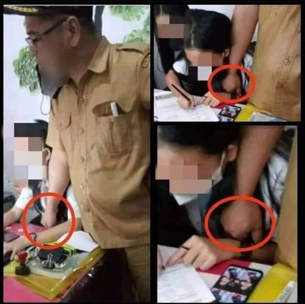 網友發現這張「狼師將手放在女高中生胸部上」的照片，群起憤慨要找出這名男老師。（翻攝自Tukang Rosok推特）