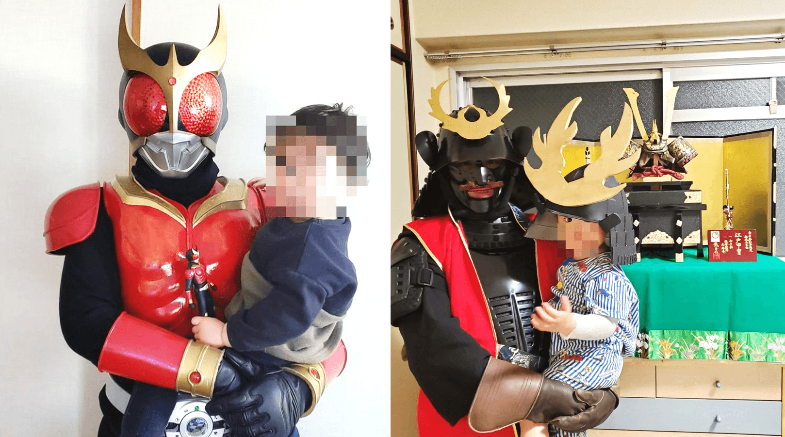 原PO平常熱愛日本盔甲武士的裝扮活動，曾在節日時製作小孩用的盔甲給兒子作為紀念，也配合兒子的喜好，於他生日時裝扮成假面騎士為他慶生。（圖片翻攝推特＠sorokage）