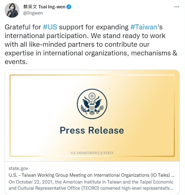 蔡英文感謝美國公開力挺擴大台灣國際參與。（翻攝自蔡英文推特）