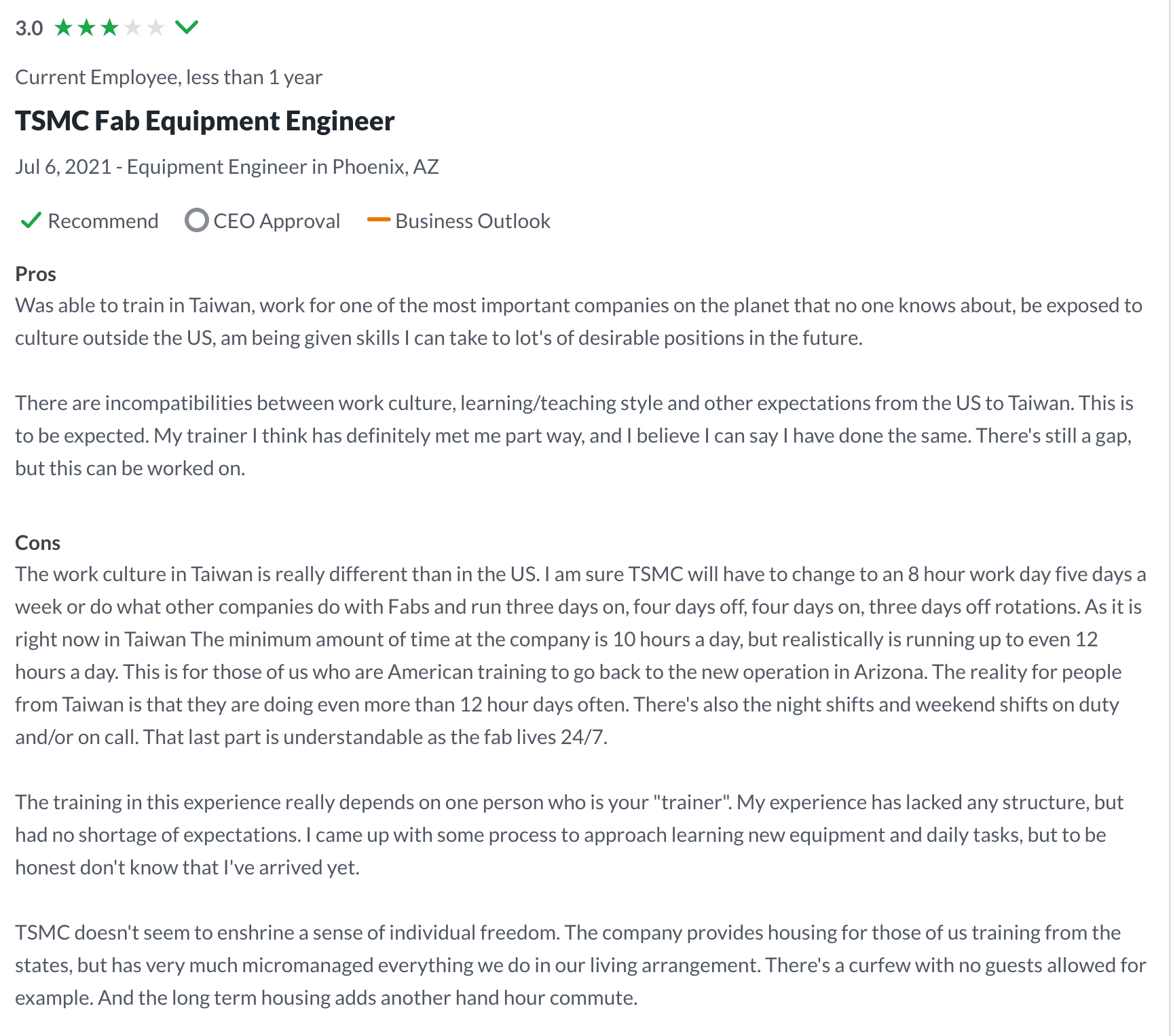 美籍工程師分享在台灣台積電受訓的心得。（擷自「Glassdoor」）