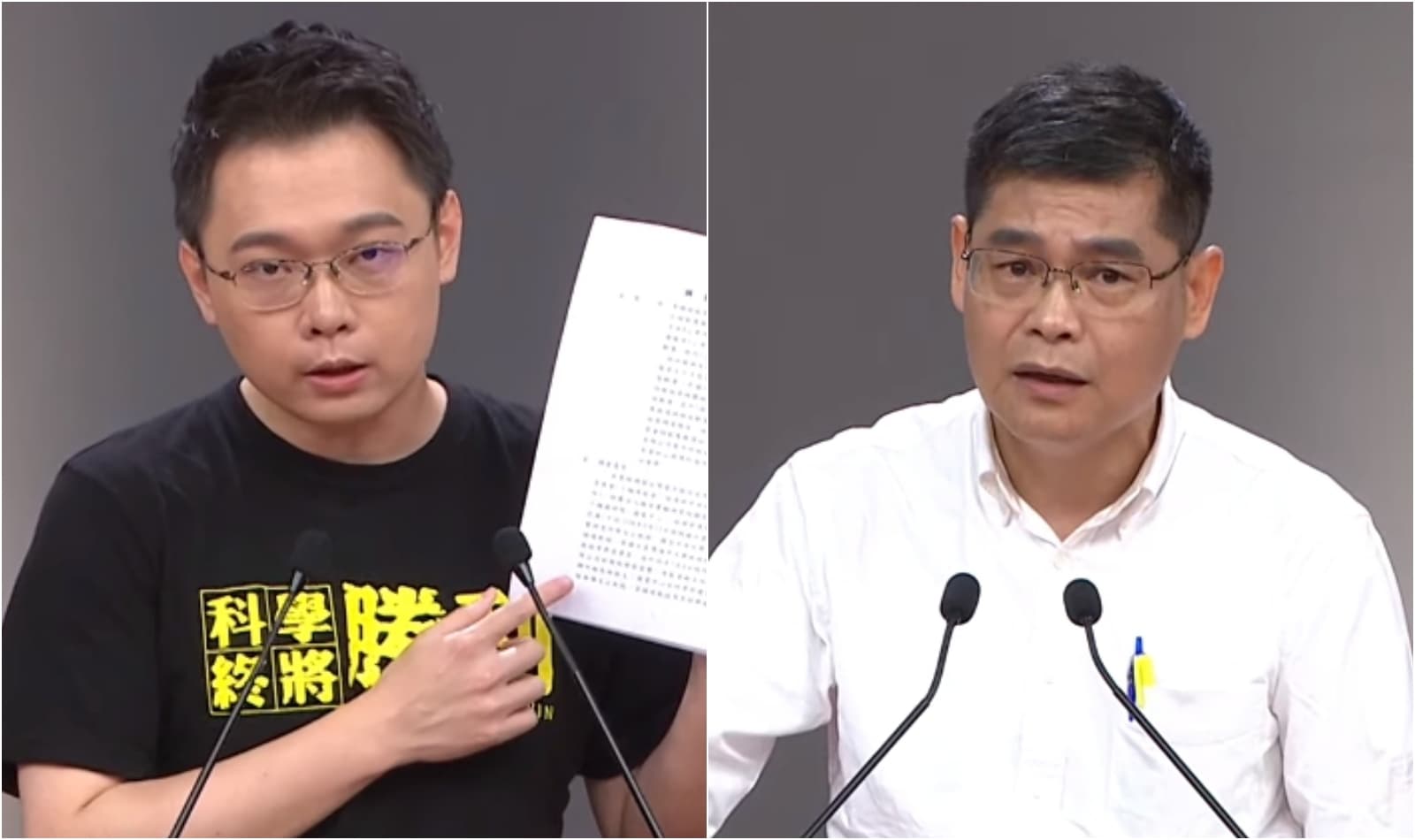 黃士修（左）昨日在公投辯論上對許永輝（右）多次語帶「威脅」，甚至拿出刑事訴狀草稿，揚言要提告。（翻攝自民視直播YouTube）