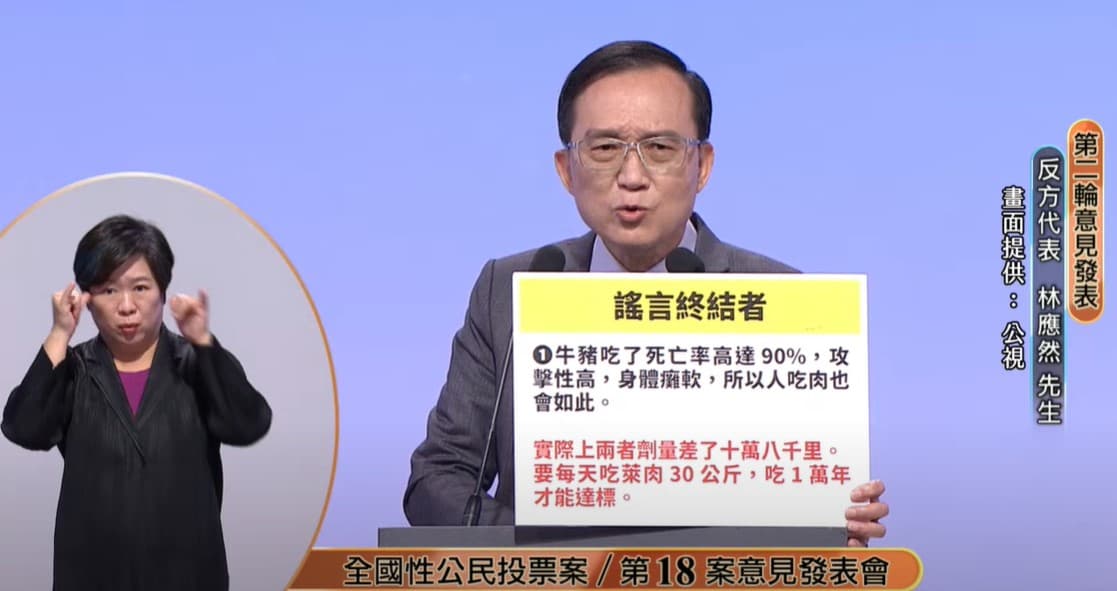 北市議員王鴻薇與林應然醫師就萊豬公投進行辯論。（翻攝自公視YT頻道）