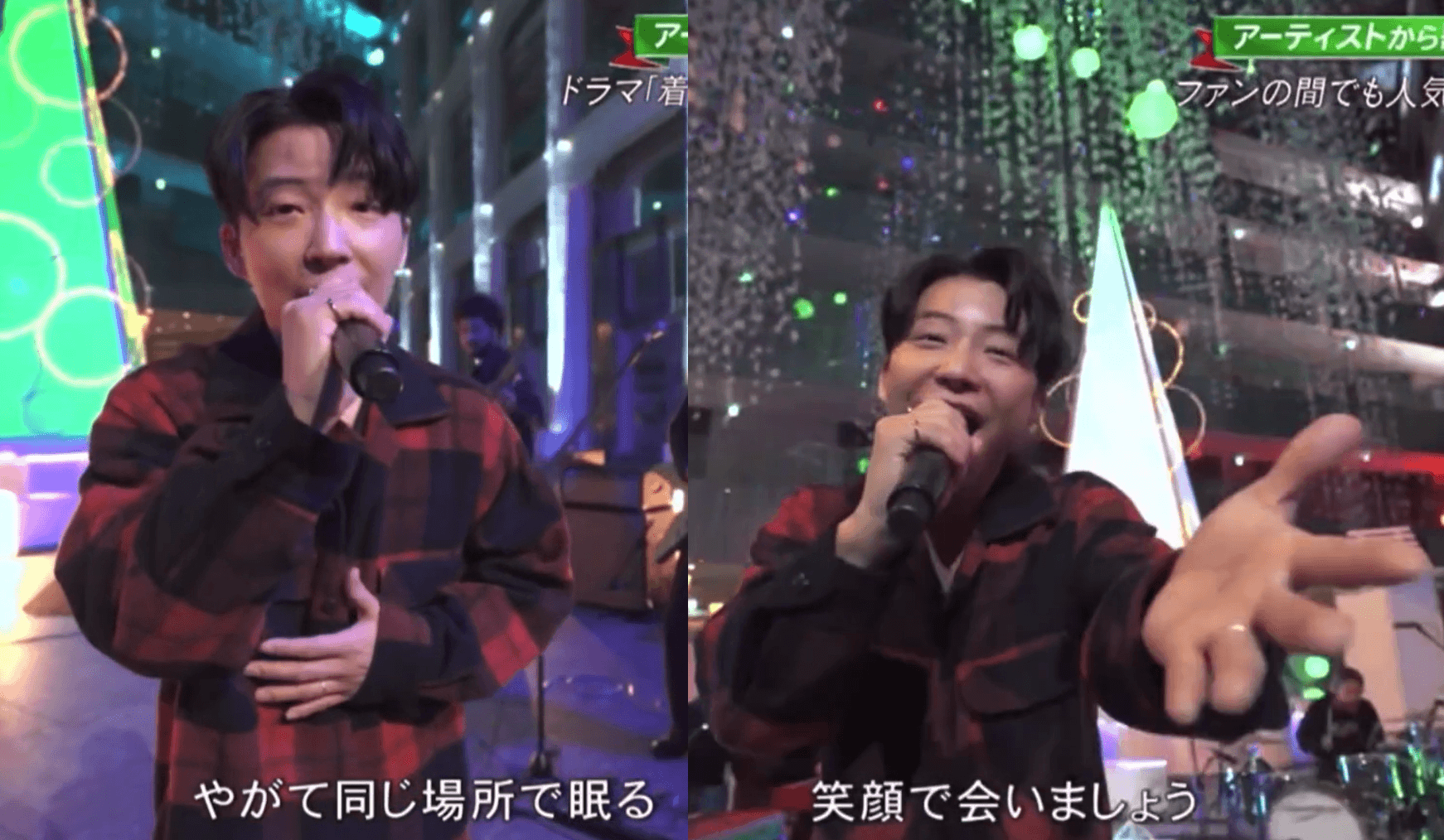 戴著婚戒的星野源獻唱《不可思議》《Hello Song》兩首歌曲，臉上洋溢著幸福。（翻攝自TBS畫面）